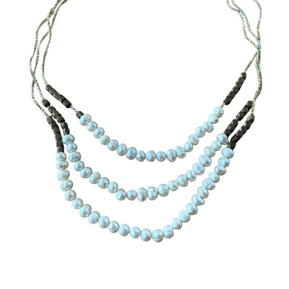 EP Triple Strand Freshwater Pearl & Brass Beaded Necklace With Adjustable Chain - Picture 5 of 7